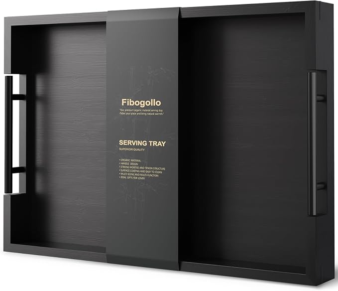 Fibogollo Bamboo Serving Trays with Metal Handles,Large(Black) | 17 x 12Inch Ottoman Decorative Trays Platter for Coffee Table,Living Room,Bar,Party,Holiday Hosting and Outdoor Entertaining