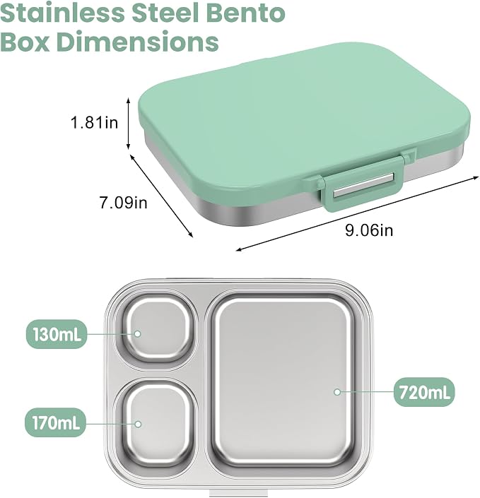 Pawtong Stainless Steel Bento Lunch Box for Kids | 3-Compartment Lunch Box Container Kids | 100% Leakproof, Eco-Friendly, Perfect Portion Control for Kids&Adult Healthy Meals (Green)