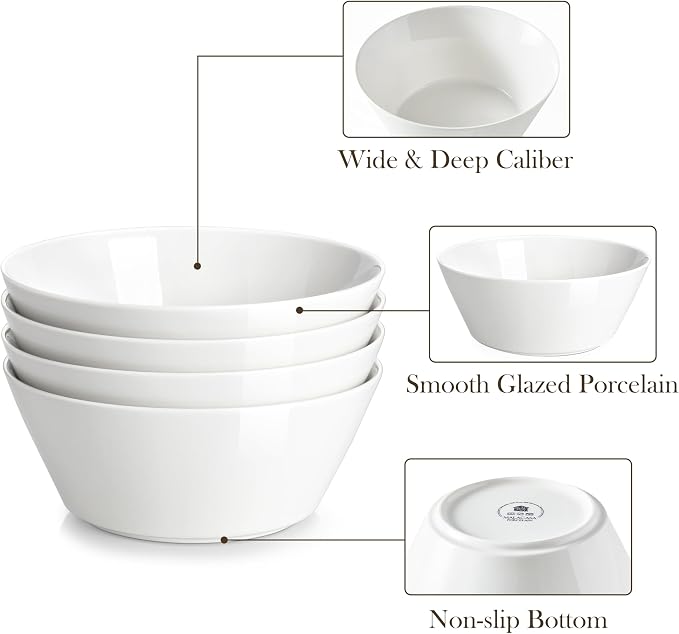 MALACASA 35 OZ Soup Bowls Set of 4, White Bowls Deep Cereal Ramen Bowl | Ceramic Bowls for Salad, Pasta, Pho, Dessert, Fruit, Kitchen Essential, Dishwasher Microwave Safe, Series REGULAR