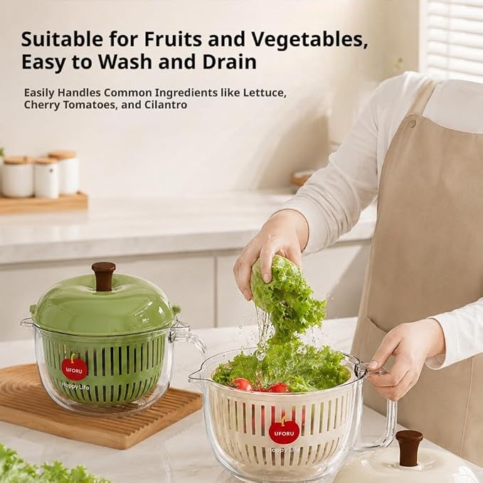 Apple Shaped Salad Spinner Double Layer Vegetable Dryer Washer, High Speed Hand Crank Colander with Lid, Detachable Drain Basket for Kitchen Prep Accessories For Home, Camping, Picnic