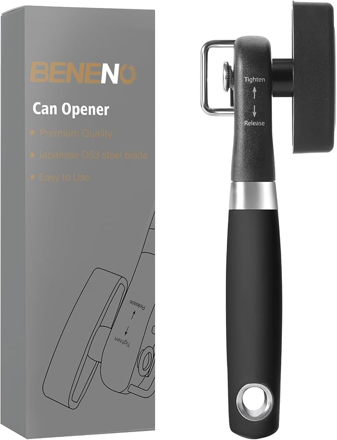 Beneno Can Opener, Manual Side Safe Cut Can Opener Smooth Edge, Black | Durable Sharp DC53 Steel Cutting Blade, Clean Cut with no Sharp Can Edges, Big Effort-Saving Knob, Comfortable Non-Slip Grip