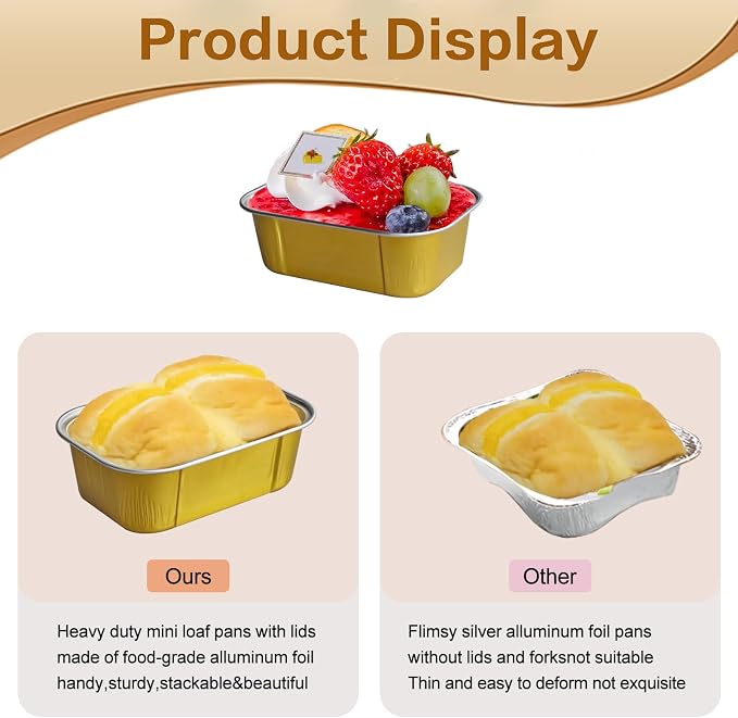 Mini Cake Pans With Lids And Spoons,5.5 oz Rectangle Mini individual Loaf Pans Disposable Aluminum Foil Small Baking Cups Tins (200, Gold)