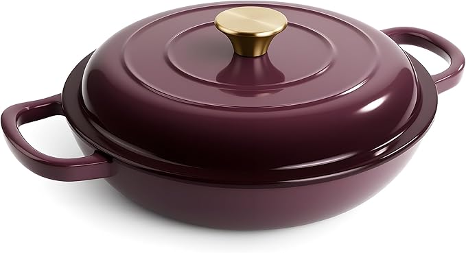 3 Quart Enameled Cast Iron Braiser, Non Stick Enameled Cast Iron Skillet with Lid, Dutch Oven Skillet with lid up to 500°F for Oven, Stove, Grill, Shallow Dutch Oven for Cook, Bake (Fig)