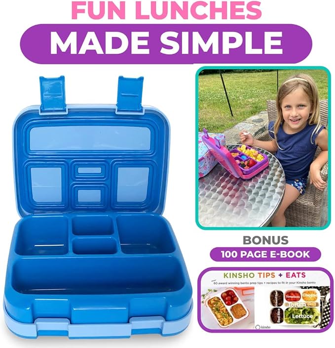 kinsho Bento Lunch Box Container for Small Kids 2 Pack (Blue & Pink Purple) | 5 Portion Sections, BPA-Free Spill-Proof Leakproof Removable Plastic Tray, Snacks and Lunches for Toddlers Pre-School Daycare