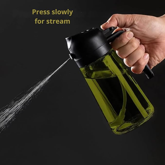DUTHINGS - 16oz Oil Sprayer for Cooking, Green Glass Olive Oil Dispenser Bottle with Spray & Pour, Cooking Oil Sprayer with Labels