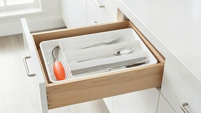 Dial Industries Small Utensil Silverware Kitchen Drawer Organizer, White | Keeps forks, spoons and flatware neatly separated, Compact fit for shallow drawers, Great for RVs, campers or everyday use