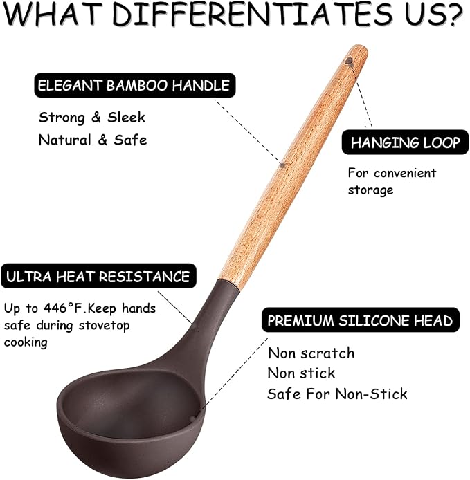 MIBOTE Silicone Cooking Kitchen Utensils Set, Wooden Handle, Coffee | BPA-Free, Non-Toxic Silicone Turner, Tongs, Spatula, Spoon Set – Great for Nonstick Cookware, Heat-Resistant, Easy Clean