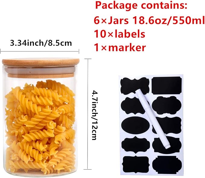 6Pcs 18oz Glass Storage Jars, Airtight Bamboo Lid Containers With Labels | Moisture Block Seal, Clear Visible Body, Moderate Volume, Cabinet Space Saving, Quick Category Marking