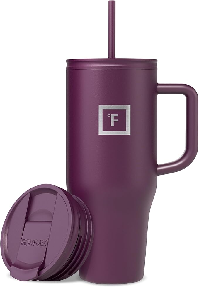 IRON °FLASK 32 oz Co-Pilot Insulated Travel Mug | Insulated Travel Mug with Straw & Flip Cap Lids - Cup Holder Fit, Leakproof, BPA Free (Burgundy)