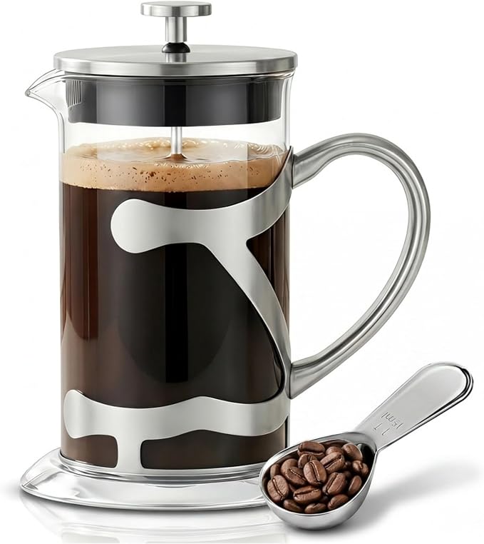 Stainless Steel French Press Coffee Maker 600ml, 20oz Heat Resistant Borosilicate Glass Coffee Press with Coffee Measuring Spoon, Manual Brewer for Coffee and Tea