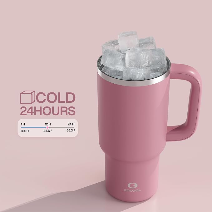 ENCOOL 32 oz Tumbler with Handle and Straw: Stainless Steel Insulated Tumbler Keeps Cold for 24 Hours, Leakproof Travel Cup Fits in Cup Holder and BPA-Free,Turkish Rose