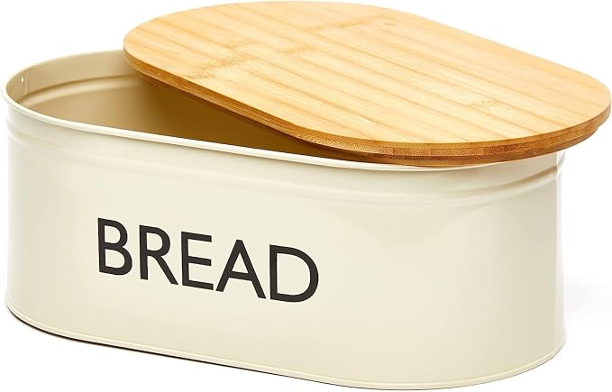 RoyalHouse Premium Metal Bread Box with Bamboo Lid | Stainless Steel Large Bread Bin Storage Container And Organizer for Kitchen Countertop, Vintage Style Kitchen Decor