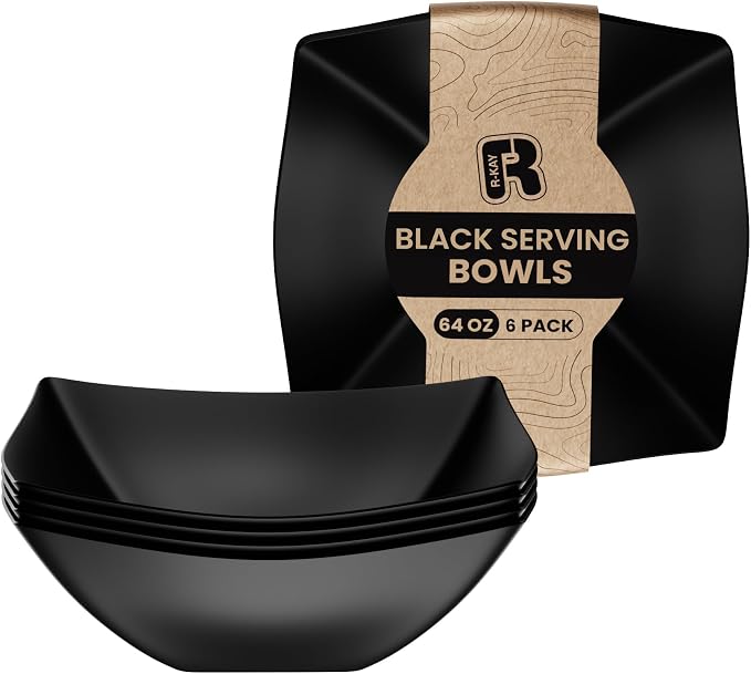 R-kay 6 Pack Square Plastic Black Serving Bowls - Black Plastic bowls 64 Oz - Salad Bowls Large Serving - Premium Heavy Duty For Weddings Catering And Birthday parties