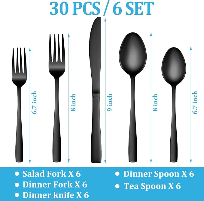 30 Pcs Black Silverware Set, Stainless Steel Flatware Set Service for 6, Mirror Polished Cutlery Utensil Set, Durable Home Kitchen Eating Tableware Set, Include Fork Knife Spoon Set, Dishwasher Safe