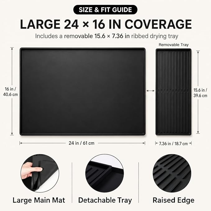 Silicone Coffee Mat 24 x 16 in with Tray, Classic Black | Coffee bar mat for countertop use, coffee station mat or coffee machine mat with removable tray and 0.47 in raised rim.