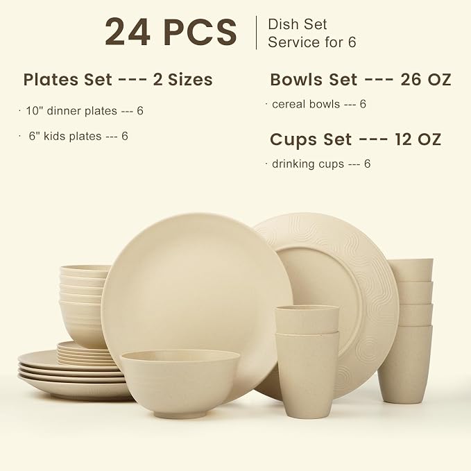 24 PCS Premium Wheat Straw Dishes Set for 6, Reusable Plates and Bowls Sets,Cups,Lightweight & Unbreakable Dishwasher and Microwave Safe Dinnerware Sets for Kitchen,Outdoor- Beige