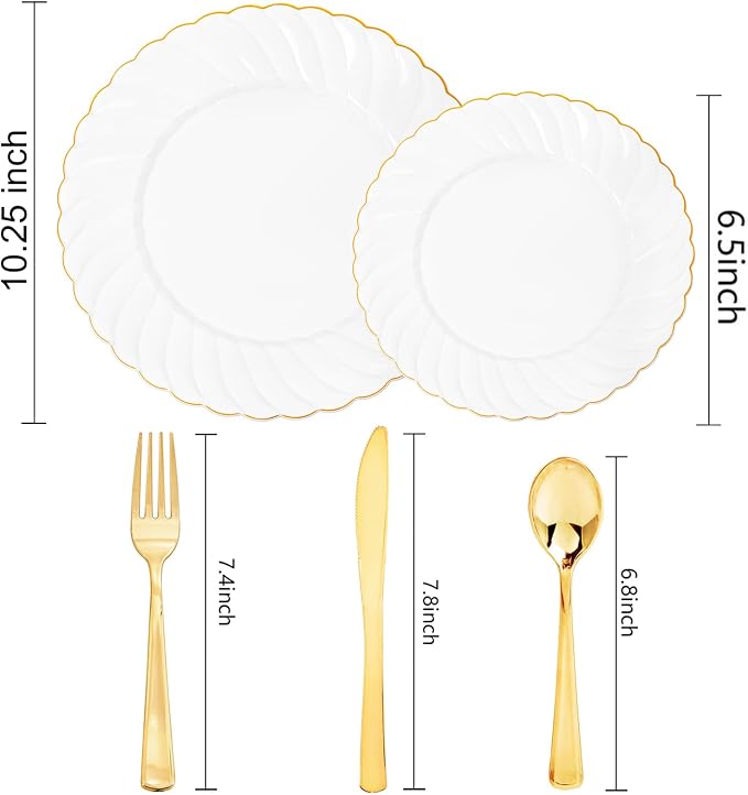 YOUBET 125PCS White and Gold Plastic Plates for Wedding Parties | White Plates Disposable with Gold Rim Include 25 Dinner Plate 25 Dessert Plate 75 Gold Silverwares