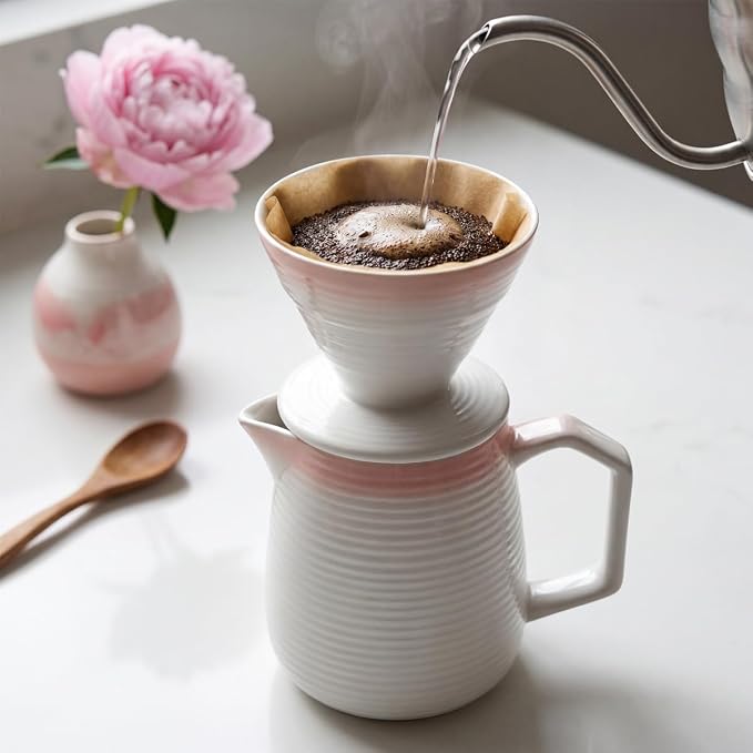 pour over coffee maker - Ceramic Dripper Pot, Heat-Resistant & Easy Clean | Manual Slow Drip Coffee Brewer for Office, Home, Camping 1-3 Cup Pour 20 coffee filters (pink)