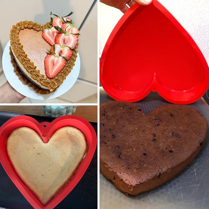 Alimat PluS 8 Inch Heart Shaped Cake Pans Set of 2 with Hanging Hole(Red) | Silicone Material