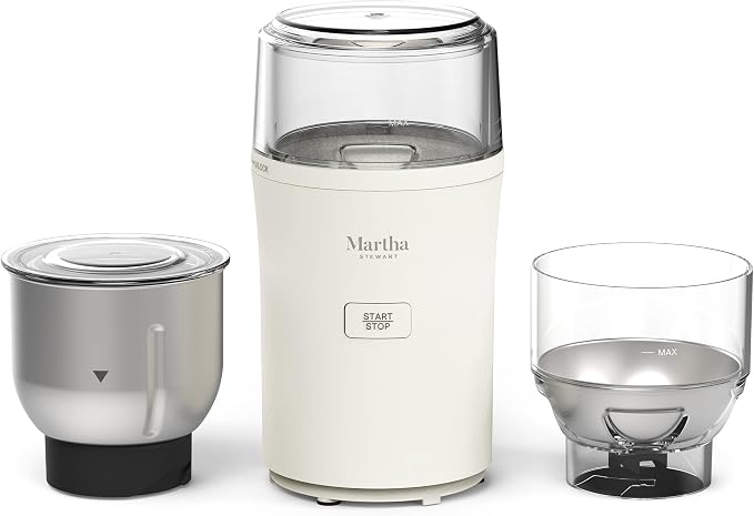 Martha Stewart Electric Coffee & Spice Grinder with Dual Bowls, Linen Cream | Dual 2.5oz Removable Bowls for Coffee Beans, Nuts, Herbs & Spices, Stainless Steel Blade, One-Touch Pulse Control, Easy Clean