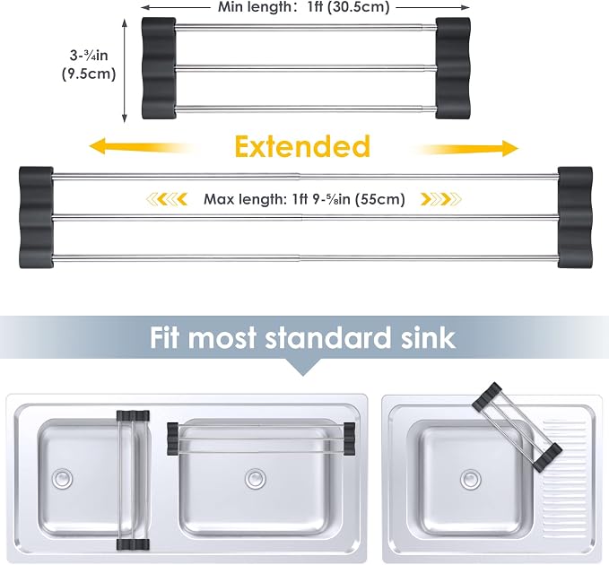 Tomorotec Adjustable Over-The-Sink Kitchen Rack, BPA-Free, Black | Holds 16.5 Lbs; For Dishcloths, Sponges, and Brushes - Heat-Resistant Stainless Steel with Slim, Expandable Design