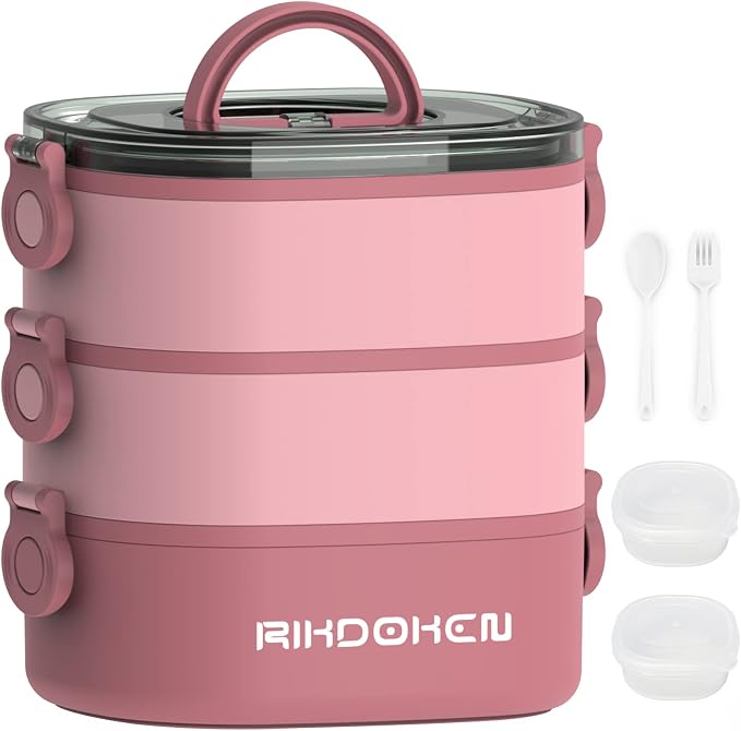 RIKDOKEN Lunch Box, Stackable 3 Layers Containers, Portable 94OZ Large Capacity Leakproof Bento Box with Spoon & Fork & Sauce Boxes, Microwave Safe Lunch Box for Kids and Adults