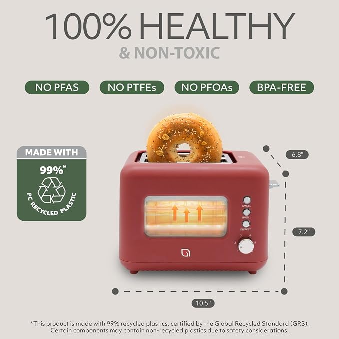 WILLOW Eco Series 2 Slice Toaster with Clear-View Window, 6 Shade Settings, 900W Retro Toaster with Extra Wide Slots, Bagel, Cancel, & Defrost Buttons, Toasters 2 Slice w Crumb Tray for Easy Cleanups