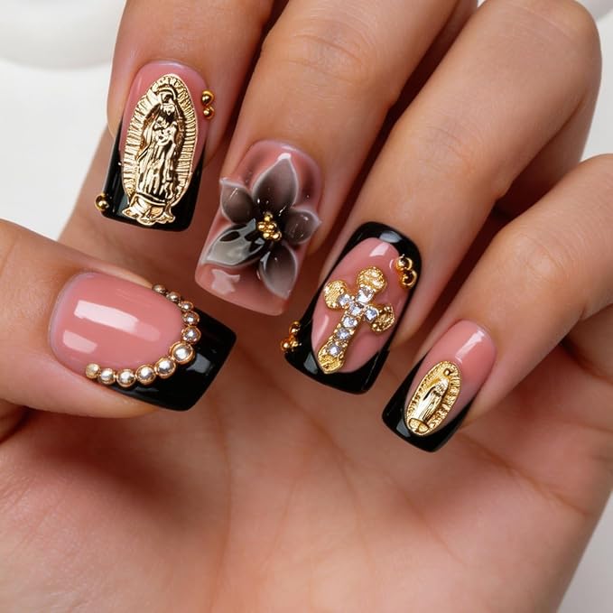 10 Pcs Flower Press on Nails Handmade False Nails Short Duck Gothic Style with 3D Golden Rhinestone Designs Black French Tip Stick on Nails Sparkling Diamond Decor Thick Acrylic Nail for Women (S)