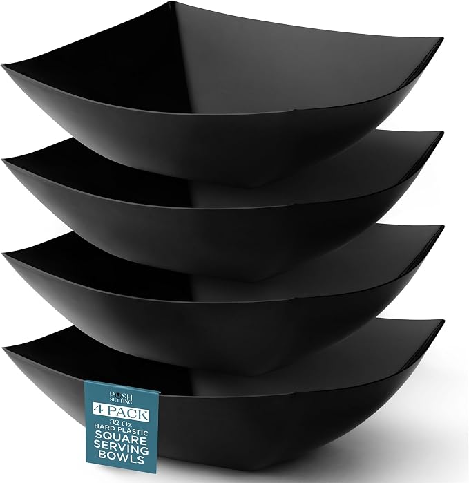 4 Pack Disposable Black Plastic Serving Bowls Square Party Candy Use 32oz | Square Design. Disposable Party Tableware. Salad, Fruit & Candy Use. Candy Buffet Containers. Black Plastic.