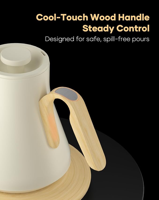Cocinare Gooseneck Electric Kettle, ±1°F Precise Temperature Control, 1500W Fast Heating, Pour Over Coffee & Tea Kettle with Brew Timer & Keep Warm, Stainless Steel, 0.9L (White Maple)