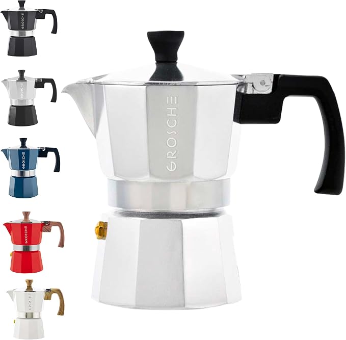 GROSCHE Milano Moka Pot | 3 Espresso Cup - 5 oz | Stovetop Espresso Percolator & Coffee Maker – Portable, Ideal for Home and Camping | Cuban Coffee Maker And Italian Moka Pot For Stovetop Espresso; For Gas, Electric, And Propane Stoves With A Soft-Touc...