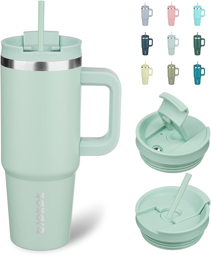 BJPKPK 30 oz Insulated Tumbler with Handle & Straw, Stainless Steel | Double Wall Vacuum Insulation, Leak Proof, BPA Free, Dishwasher Safe, Cupholder Friendly, Travel & Outdoor, Pistachio Green