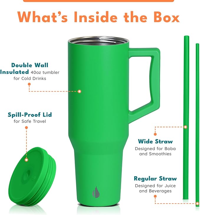 Elemental Spill Proof 40oz Insulated Tumbler with Handle & Straw Travel Mug | Stainless Steel Commuter Travel Coffee Mug for Cold Beverages, Includes 2 Straws & a Spill Proof Lid for Everyday Use