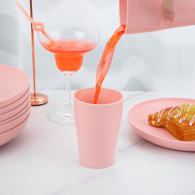 32Pcs Pink Plates and Bowls Sets for 8, Unbreakable Dinnerware | Lightweight reusable wheat straw pink dishes set. Shatterproof pastel camp plates & bowls for college dorm, RV, or picnics.