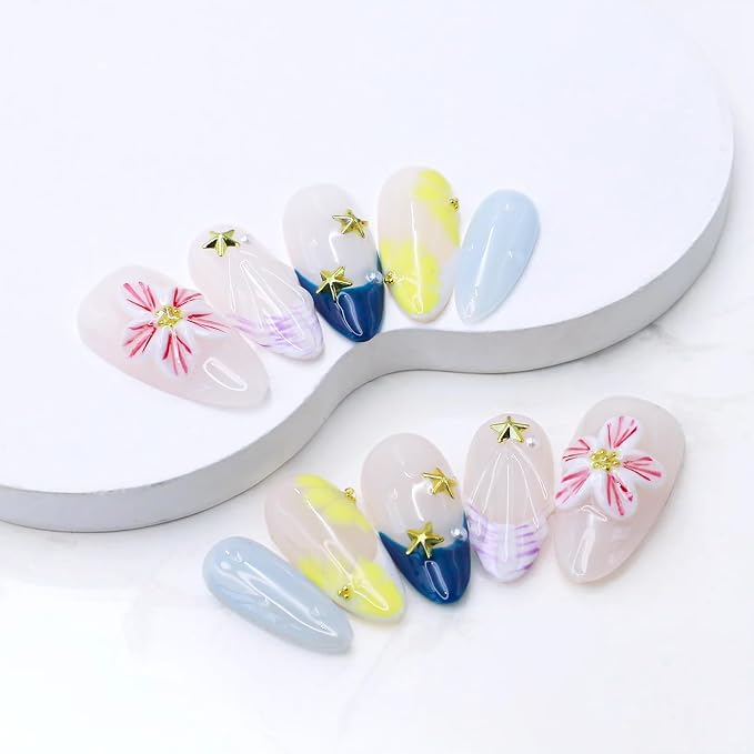Handmade Press on Nails 3D Pink White Flower Fake Nails Salon Quality Medium Almond Acrylic Nail French Summer Starfish False Nails Designs Full Cover Stick on Nail for Women（Size S）