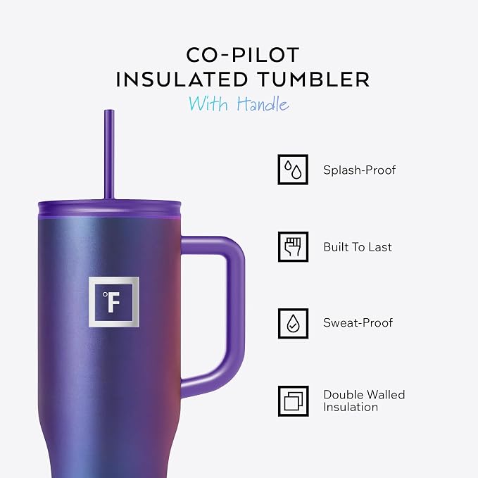 IRON °FLASK 40 oz Co-Pilot Insulated Travel Mug | Insulated Travel Mug with Straw & Flip Cap Lids - Cup Holder Fit, Leakproof, BPA Free (Dark Rainbow)