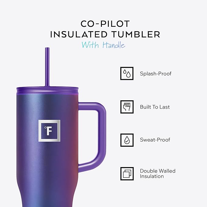 IRON °FLASK 40 oz Co-Pilot Insulated Travel Mug | Insulated Travel Mug with Straw & Flip Cap Lids - Cup Holder Fit, Leakproof, BPA Free (Black Speckle)