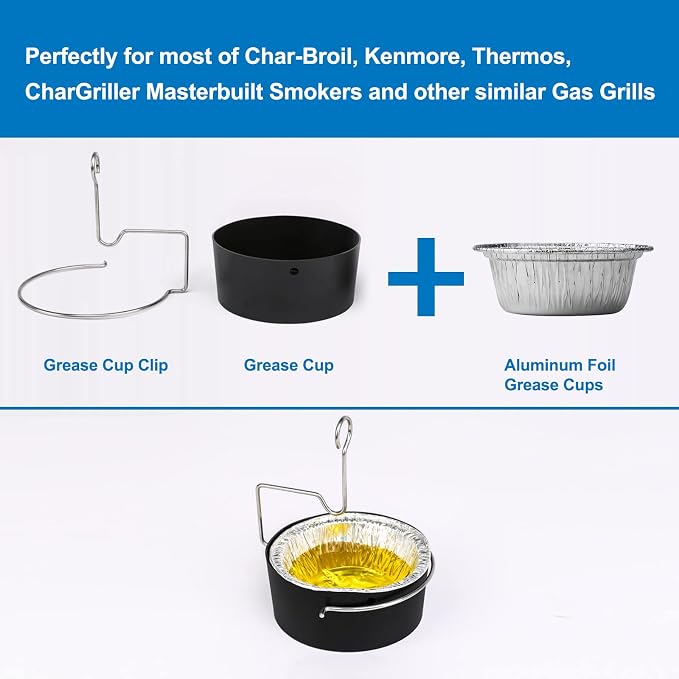 Uniflasy Grill Grease Tray Cup and Grease Clip fits CharBroil/Kenmore Gas Grill, Grease Tray with Aluminum Foil Liner (15Pack), Grease Catch Cup for Masterbuilt 30" & 40", Kenmore and More Grills