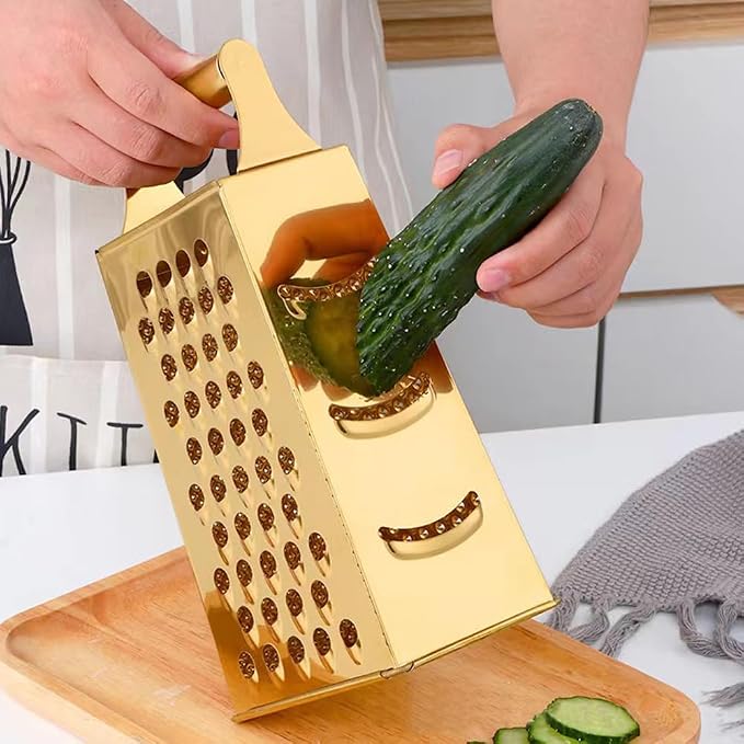 Stainless Steel 4 Sides Multifunctional Grater Slicer with Handle | Gold,for Ginger, Garlic, Cucumbers, Carrots, Cheese, Potato, Ergonomic Design Kitchen Gadgets Accessories
