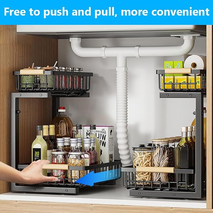 Merrylun Under Sink Organizers, 5 Adjustable Height,Metal Pull Out Under Sink Organizers and Storage Shelves with Sliding Drawer, Black 1pack（Hight 13.6″-16.9″）