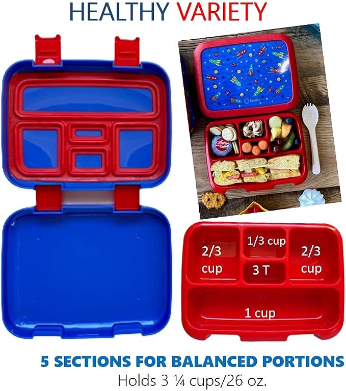 kinsho Kids Bento Lunch Box, Bottle, Ice Pack & Bag, Blue Red Space Rocket | 5 Leakproof Portion Compartments, BPA-Free Removable Tray, Insulated Meal, Snack Container for Toddlers, Pre-School & Daycare