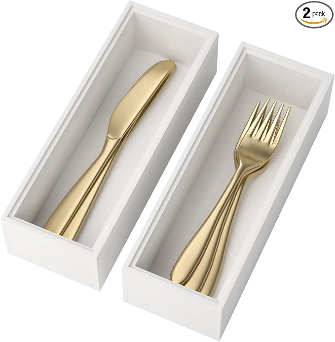 Lixple Bamboo Kitchen Drawer Organizer, 2 Pack, 9" x 3" x 2", White | Fits Steak Knives, Silverware & Utensils, Perfect for Narrow Kitchen Drawers, Inner Size 8.3" × 2.3" × 1.77"