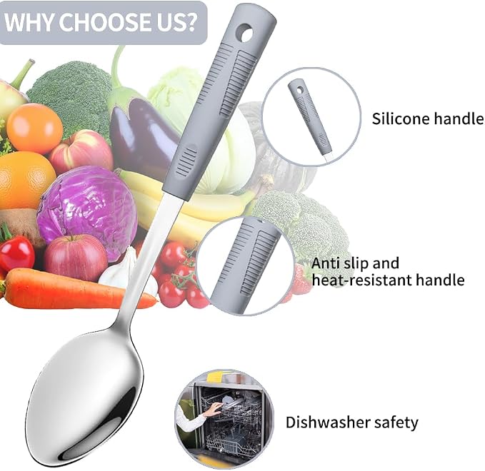 Serving Spoon Set with Silicone Handles,2-Piece spoon | Stainless Steel Serving Spoon, Slotted Spoon & Soup Ladle Set for Buffet and Home Kitchen