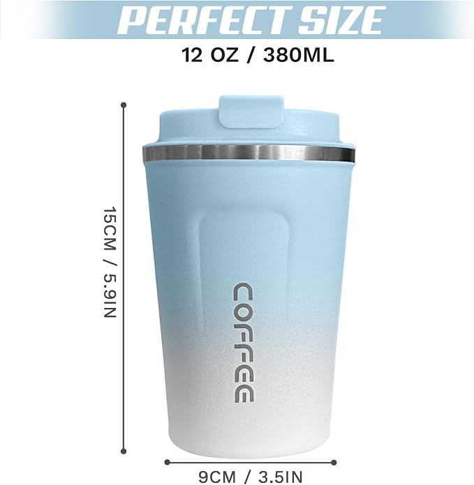 SPLMIFA Travel Coffee Mugs Leak-Proof, Reusable Coffee Cups with Lids, Stainless Steel Vacuum Insulated Coffee Tumblers, Thermal Insulation Cup for Men & Women Hot & Cold Drinks(2nd-Blue White, 12OZ)