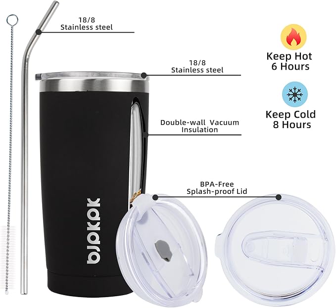 BJPKPK 20 oz Coffee Tumbler with Lid, Straw, Insulated Stainless Steel Mug | Double Wall Vacuum, Keeps Hot/Cold, BPA Free, Leak Proof, Iced Coffee Cup Fit Car Holder, Travel & Beach Ready, Black