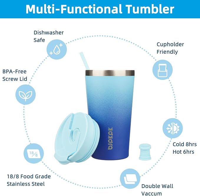 BJPKPK 18 oz Coffee Tumbler with Straw, Insulated Stainless Steel Cup | Double Wall Vacuum, Leak Proof, Keeps Hot/Cold, BPA Free, Dishwasher Safe, Cupholder Friendly, Travel, Sky