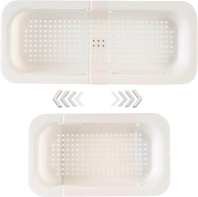 Extendable Sink Colander Strainer Basket - Wash Vegetables and Fruits, Drain Cooked Pasta and Dry Dishes - Adjustable Over the Sink Colander Collapsible Drainer Basket - White
