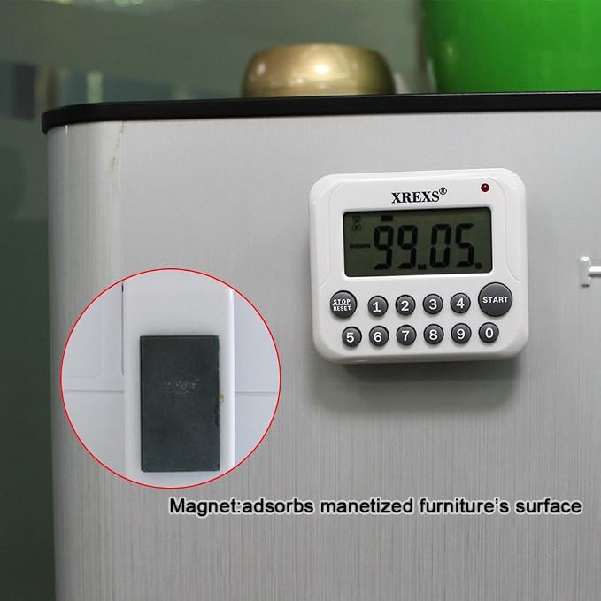 XREXS Digital Kitchen Timer Magnetic Countdown Up Cooking Timer Clock | with Magnet Back and Clip, Loud Alarm, Large Display Minutes and Seconds Directly Input-White (2 Battery Included) (DC-12)