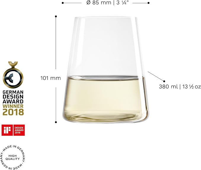 Stölzle Lausitz Stemless White Wine Glasses Power Set of 6, 13 1/2 oz – Modern Crystal Wine Glasses for Maximum Aroma – Dishwasher Safe & Break-Resistant, Made in Germany