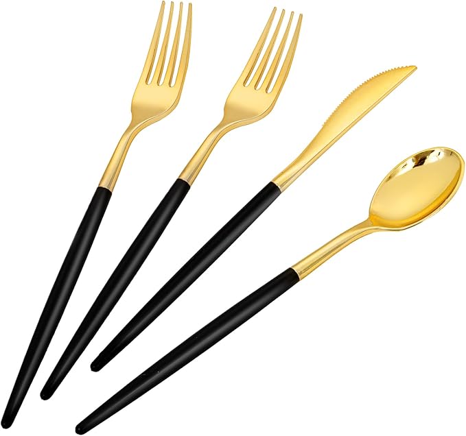 SUT Gold Plastic Silverware (160Pcs) Forks and Spoons Disposable, 80 Plastic Forks, 40 Knives, 40 Spoons, Black and Gold Utensils Set Disposable for Parties, Weddings